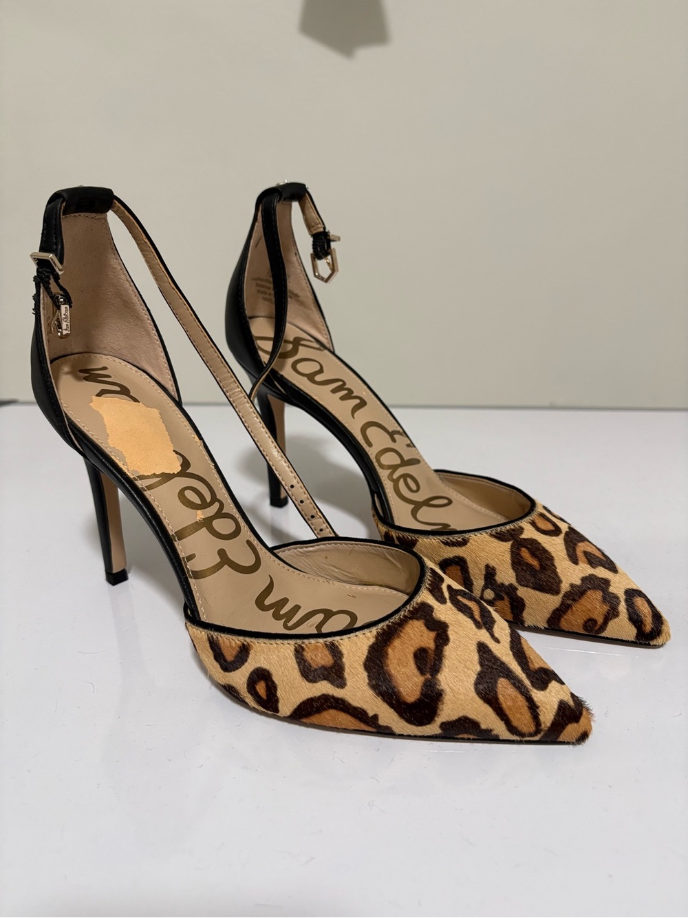 Sam Edelman Leopard Print Pointed-Toe Ankle-Strap Pumps - Tan/Black